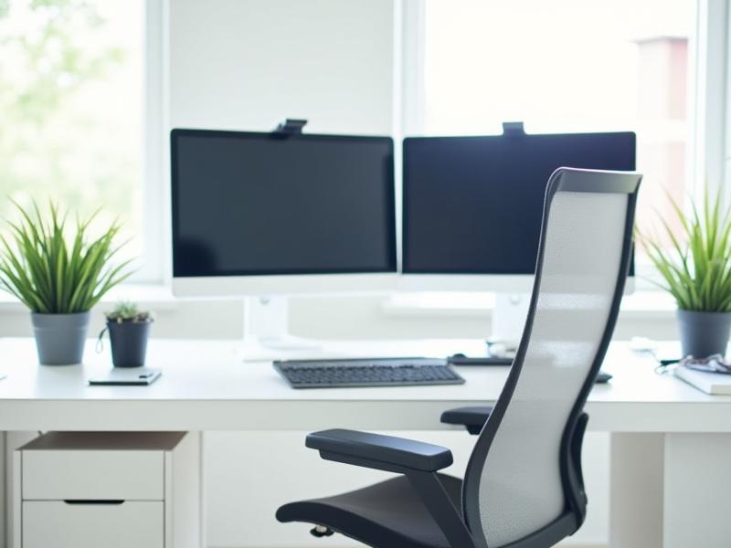 Kreativ arbeidsstasjon i tech-kontorlandskapet med dobbeltskjermer.